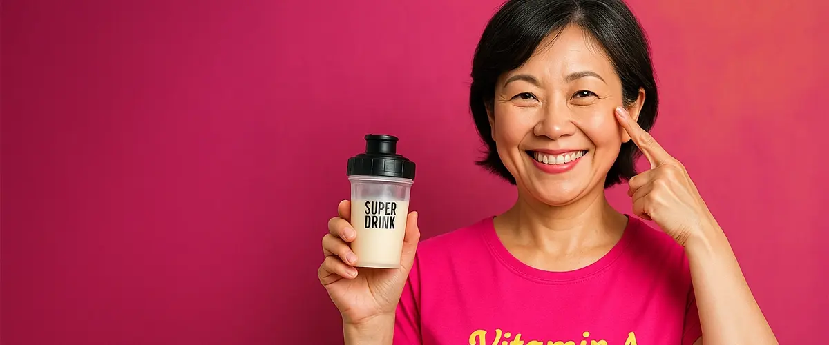 ピンク色の「Vitamin A」と書かれたTシャツを着た60代の女性が、SUPER DRINKのシェイカーを持ち、笑顔で目元を指さしている写真。