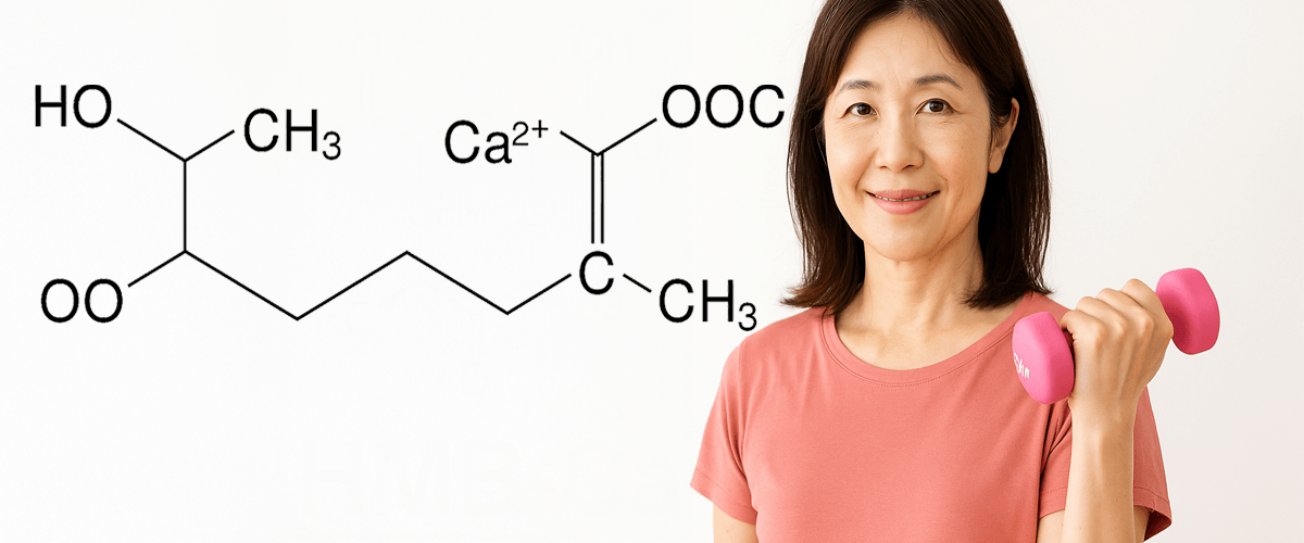 ピンクのダンベルを持つ中年の日本人女性と、HMBカルシウムの化学構造式のイラスト