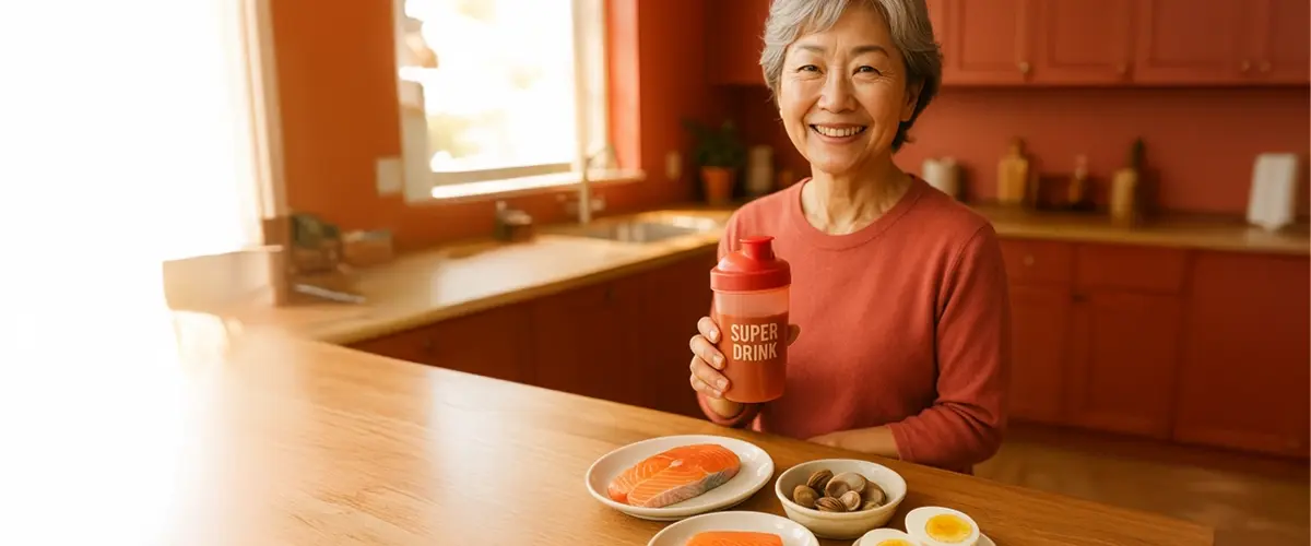 60代の日本人女性が、赤いキッチンで笑顔を見せながら「SUPER DRINK」と書かれたプロテインシェイカーを手に持ち、目の前のサーモン、あさり、ゆで卵などビタミンB12を多く含む食材とともに座っている。
