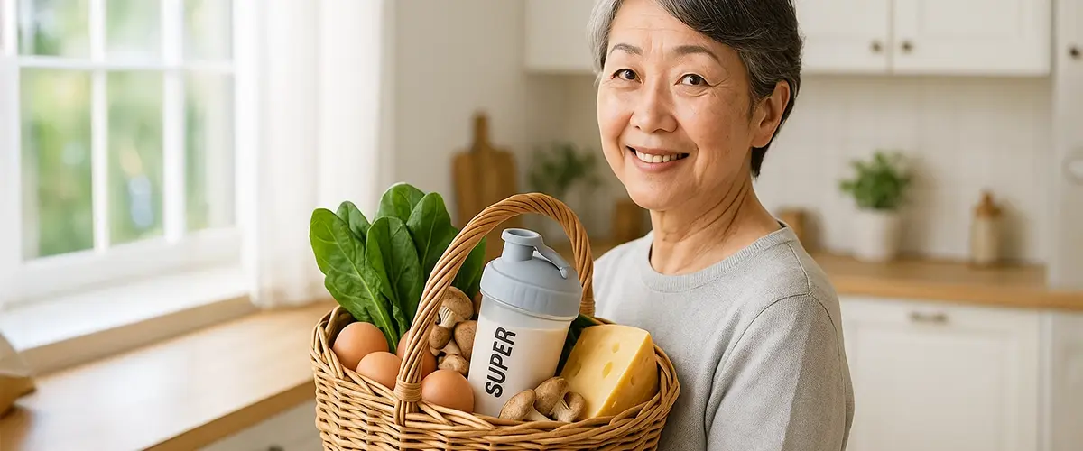 朝の光が差し込む明るいキッチンで、卵・チーズ・ほうれん草・きのこ・プロテイン入りシェイカーを籐のバスケットに入れて笑顔で振り返る60代の日本人女性。