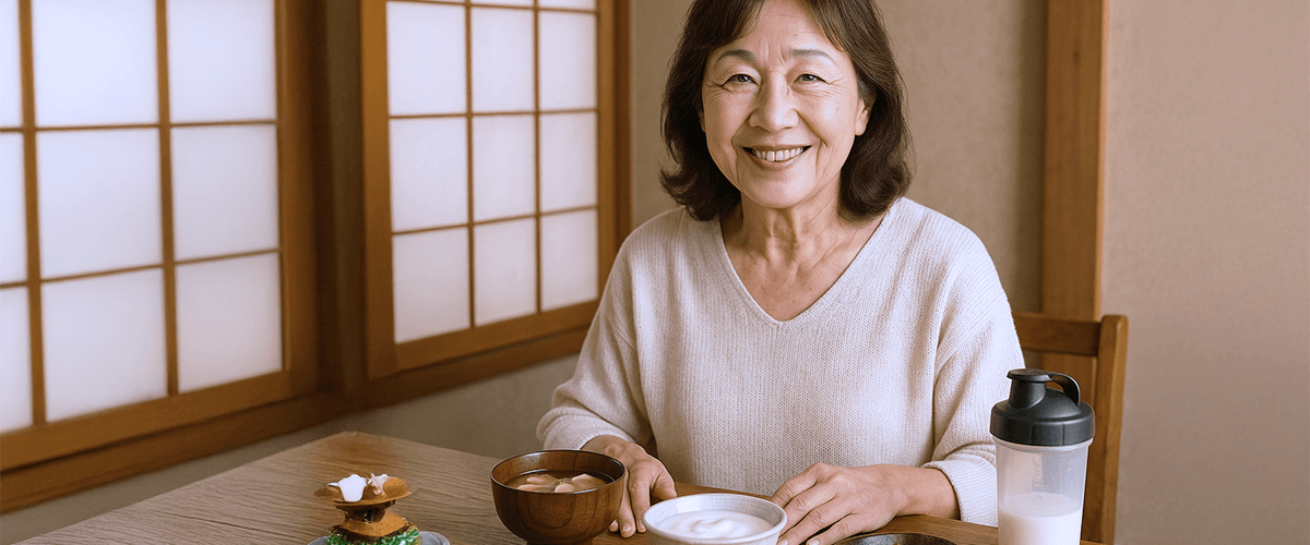 和の食卓に座る60代の日本人女性が、みそ汁や漬物、ヨーグルト、小さなプロテインシェイカーと共に笑顔を見せている。柔らかな光が差し込む和室の中で、健康的で自然な食生活を楽しんでいる様子。
