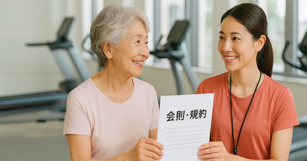 明るいジムで、60代の女性が女性トレーナーと笑顔で会話している。トレーナーが手に持つ『会則・規約』の書類を見ながら、安心した表情を浮かべている
