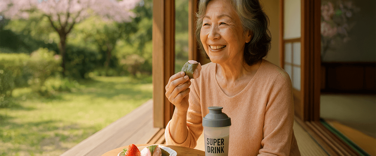 春の庭を望む縁側で、60代の日本人女性が桜餅を手に微笑み、テーブルにはいちごとプロテインシェイカー「SUPER DRINK」が置かれている。穏やかな日差しと背景の桜が春らしさを演出する情景。