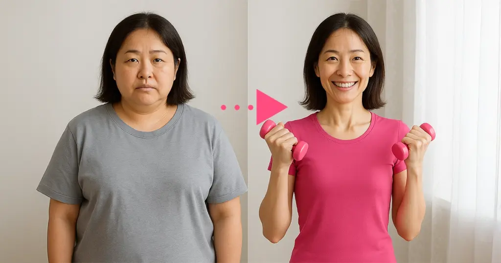 白い壁と白いレースのカーテンを背景に、同一人物の50代の日本人女性を左右に並べたビフォーアフター写真。左側では、体重70kgほどのぽっちゃり体型で、グレーのダボっとしたTシャツを着用し、やや緊張した表情をしている。右側では、体重55kgほどのスリムな体型になり、ピンクのフィットしたスポーツTシャツを着て笑顔。両手に小さなピンクのダンベルを持ち、健康的で前向きな印象を与える。両写真とも上半身のみが写っている。