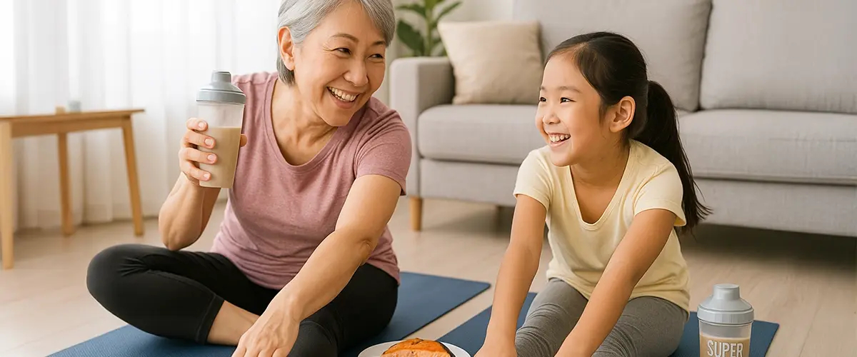 ビタミンB3の健康効果を意識し、室内でストレッチを楽しむ60代女性と孫。マットのそばにはプロテインシェイカーとビタミンB3を含む鮭やナッツ類を配置し、筋トレ後の栄養補給と家族の健康を表現。