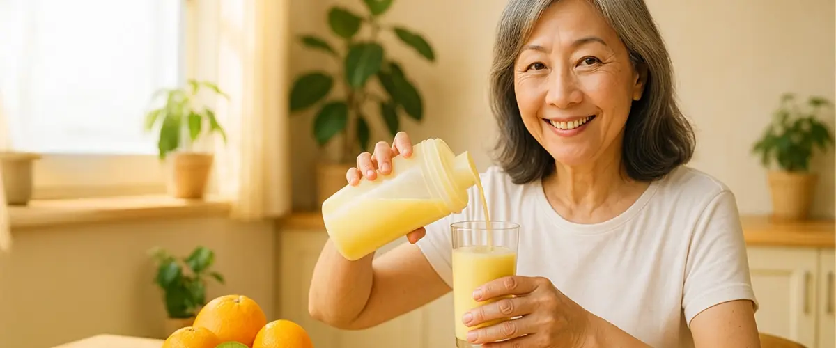 ビタミンCを含む黄色いプロテインドリンクをグラスに注ぐ60代の日本人女性。朝の光が差し込むキッチンで笑顔を見せ、テーブルにはオレンジとキウイが並んでいる。