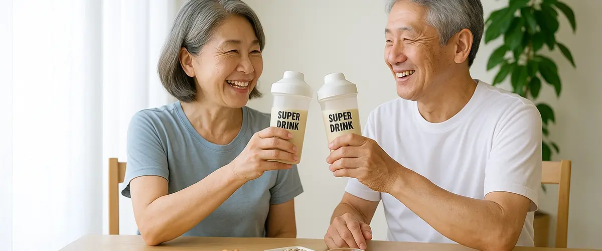 明るいダイニングで笑顔の60代夫婦が「SUPER DRINK」のシェイカーで乾杯。テーブルにはビタミンEを多く含むアーモンド、ひまわりの種、オリーブオイルが並ぶ構図。