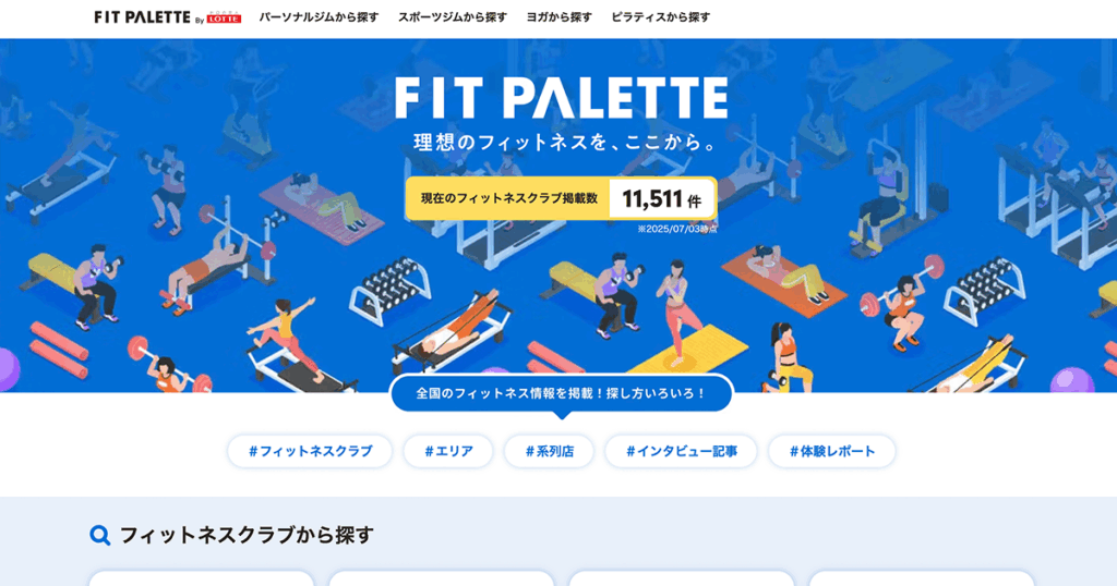 「FIT PALETTE」のトップページを示すスクリーンショット。青を基調にした背景の上に、筋トレやヨガ、ランニングなどを行う多数の人物イラストが描かれている。中央には「理想のフィットネスを、ここから。」というキャッチコピーと、現在のフィットネスクラブ掲載数「11,511件（2025年7月3日時点）」が表示されている。検索ボタンやタグ（#フィットネスクラブ #エリア #体験レポートなど）も見える。