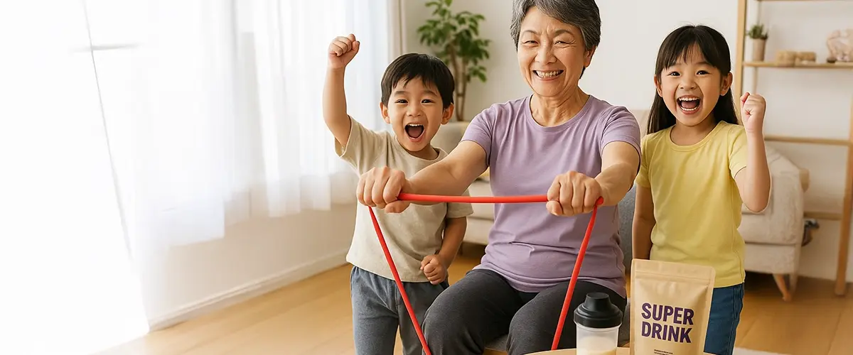 明るいリビングでチューブトレーニングを行う60代の女性と、元気に応援する2人の孫。テーブルの上にはビオチン配合プロテイン『SUPER DRINK』とシェイカーが置かれている。