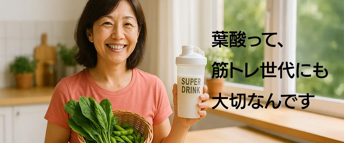 葉酸配合のプロテイン『SUPER DRINK』を左手に持ち笑顔を見せる60代の日本人女性。ホウレンソウと枝豆の入ったかごを右手に持っている。