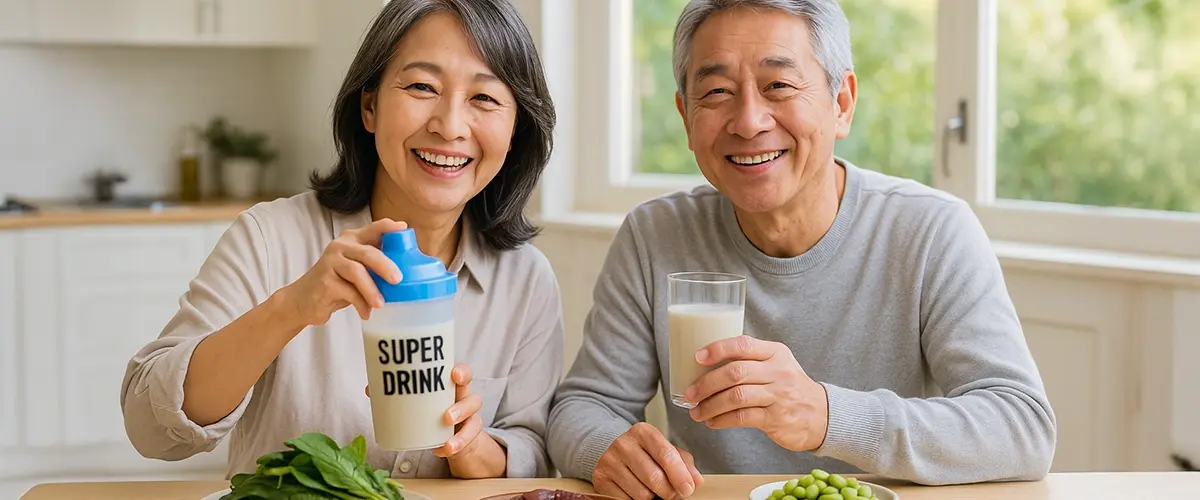 明るいキッチンで笑顔を見せる60代の日本人夫婦。妻は「SUPER DRINK」と書かれたシェイカーを持ち、夫はグラスに入ったプロテインを手にしている。テーブルには鉄を豊富に含む食材（ほうれん草、レバー、枝豆）が並んでいる。