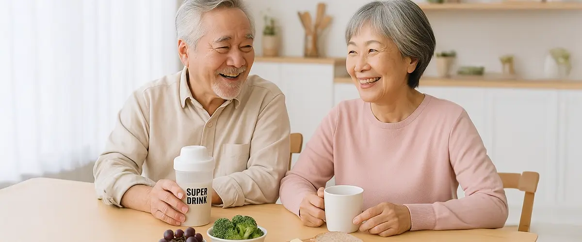 クロムを含む食材であるブロッコリー・ぶどう・全粒パン・チーズとプロテインシェイカーが並ぶ食卓で、白髪が交じる夫婦がにこやかに語らう様子