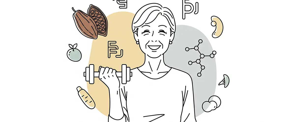 ダンベルを持って笑顔の60代日本人女性の線画イラスト。周りにはココアパウダーの原料であるカカオの実やタンパク質の分子構造などがデザインされている。