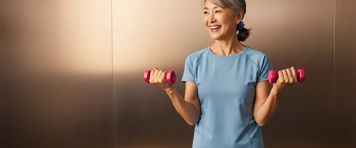 銅色の背景の前で、白髪が交じる笑顔の女性がピンクのダンベルで筋力トレーニングをしている