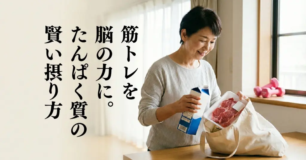 買い物袋からたんぱく質が豊富な牛乳や肉を取り出し笑顔を見せる60代の日本人女性。背景のピンクのダンベルが、認知症予防のための日常的な筋トレ習慣を表現している。