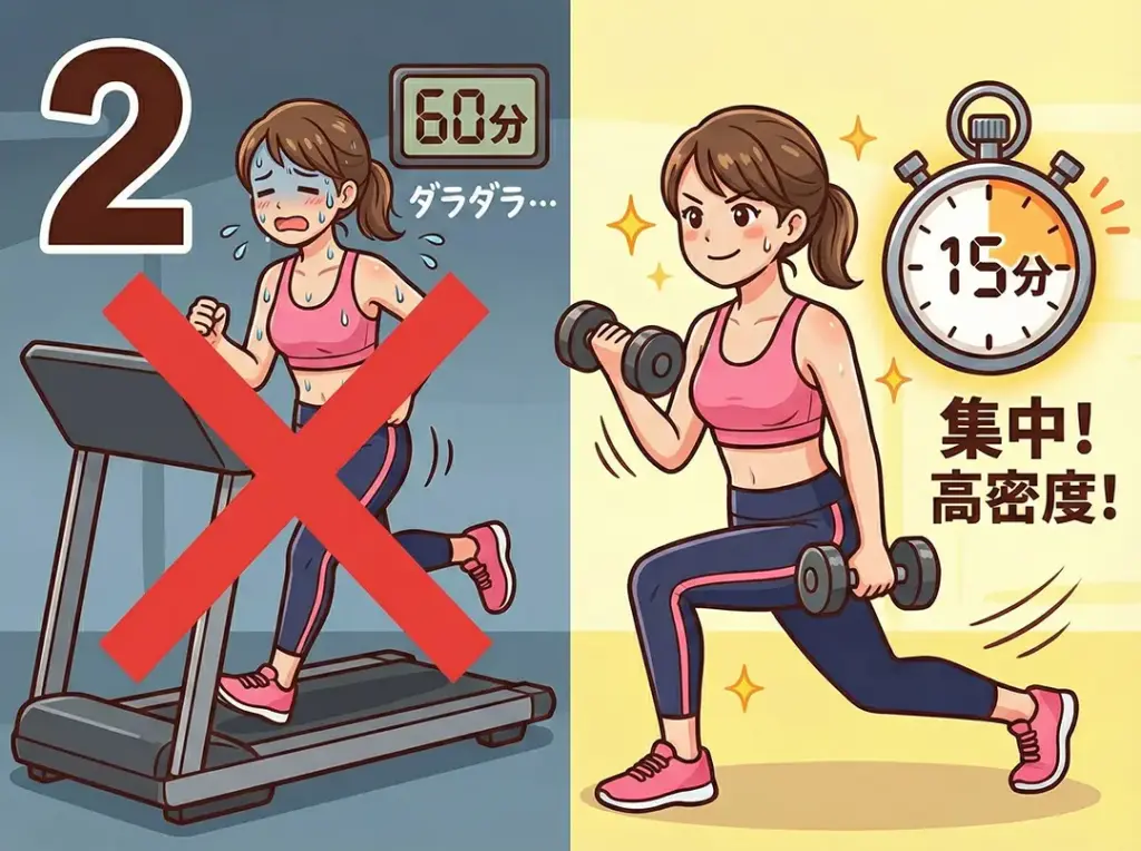 ZUTTOWAKAIが推奨する「高密度トレーニング」の比較画像。60分間の長時間の有酸素運動よりも、週2回15分の集中した筋トレの方が運動効率が高いことを示しています。忙しい人でも短時間で結果を出せるメリットを解説するイラストです。