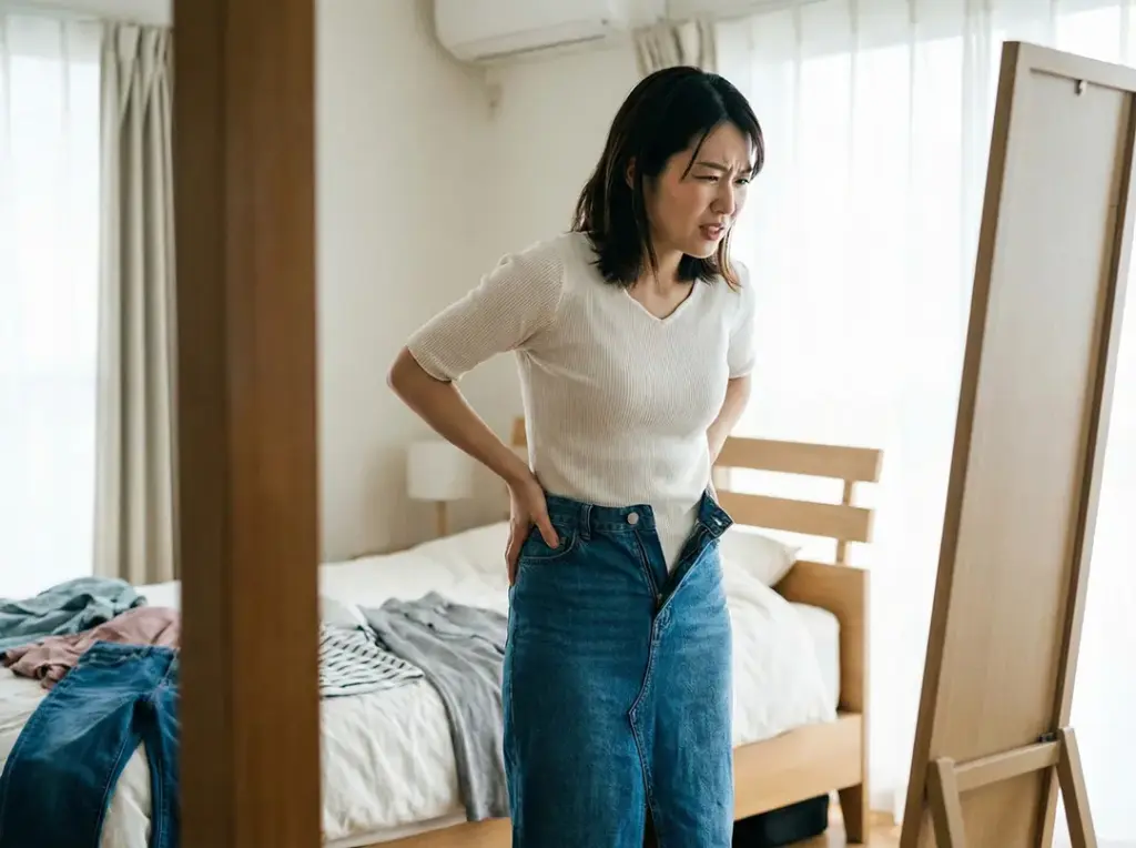 年齢による体型変化で、以前履けていたジーンズのファスナーが上がらず、鏡の前で困り果てている女性の様子。30代以降に多くの女性が直面する「服が似合わなくなった」「太ったかもしれない」という切実な悩みを象徴的に表現したイメージ画像です