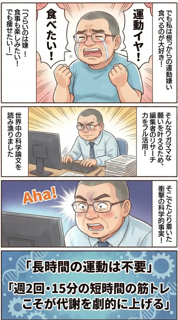 ZUTTOWAKAI独自のメソッド発見を描いた漫画。運動嫌いな太田が科学論文をリサーチし、代謝を劇的に上げる「週2回・15分の短時間筋トレ」こそが重要であるという事実に辿り着く5〜8コマ目の内容です。