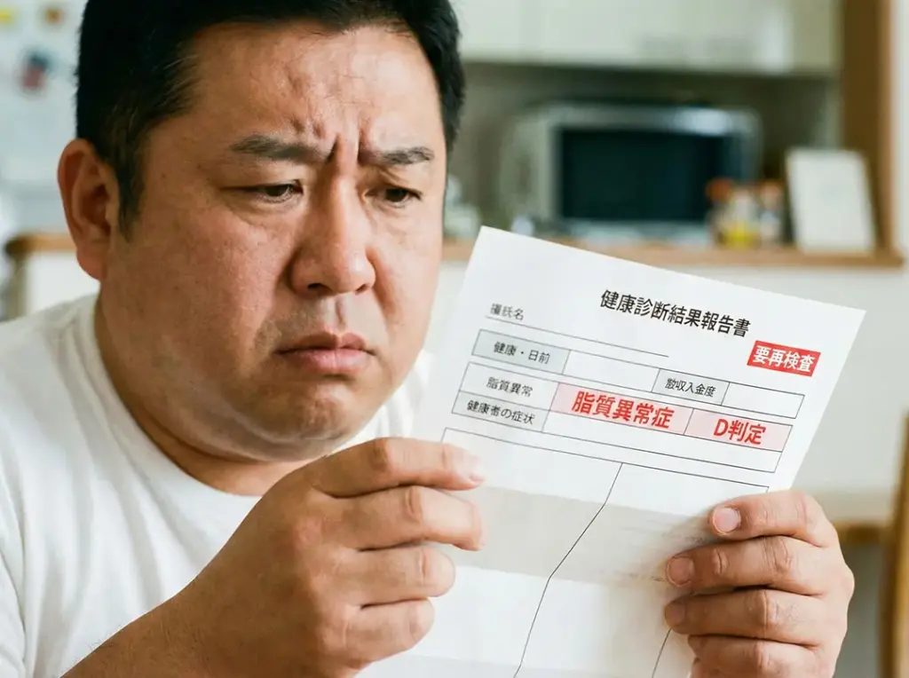 健康診断の結果報告書で「脂質異常症」「D判定（要再検査）」という文字を目にし、深刻な表情で将来の健康に不安を感じている中年男性のイメージ画像です。