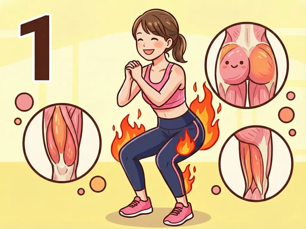 ZUTTOWAKAIのスクワットによる脂肪燃焼効果の解説画像。太ももやお尻など下半身の大きな筋肉を刺激することで、効率よく代謝を上げる仕組みを視覚化しています。正しいフォームで大きな筋肉を動かすことがダイエットへの近道であることを伝えています。