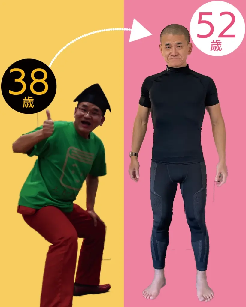 ZUTTOWAKAIチーフトレーナー太田祥平の全身ビフォーアフター写真。38歳時の肥満体型から、独自メソッドにより52歳で引き締まった健康的な体型へ変化した様子を比較し、週2回の運動で得られるダイエット成果を証明しています。