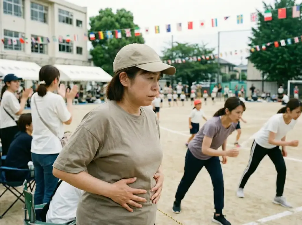 子どもの運動会で、周りの元気な保護者と自分を比べてしまい、体型や体力の衰えが気になって浮かない表情でお腹に手を当てる女性。人目が気になり、積極的に体を動かすことをためらってしまう、運動が苦手な人の心理的なハードルを表現した画像です。