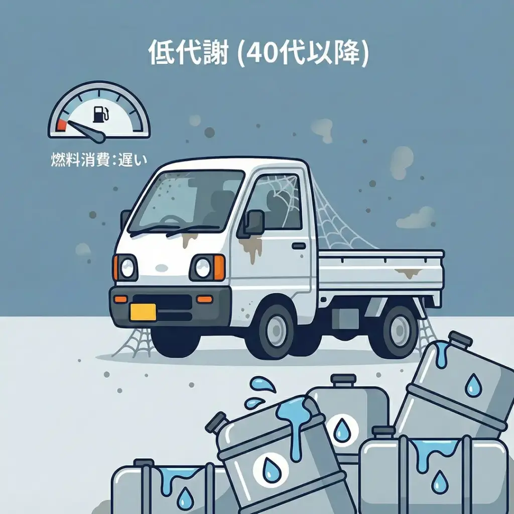 ZUTTOWAKAIによる40代以降の低い代謝の解説画像。古い軽トラックのイラストで、燃料消費が遅く脂肪が燃焼しにくい状態を表現しています。加齢によりエネルギーが消費されず、体に蓄積されやすくなる仕組みを伝えています。