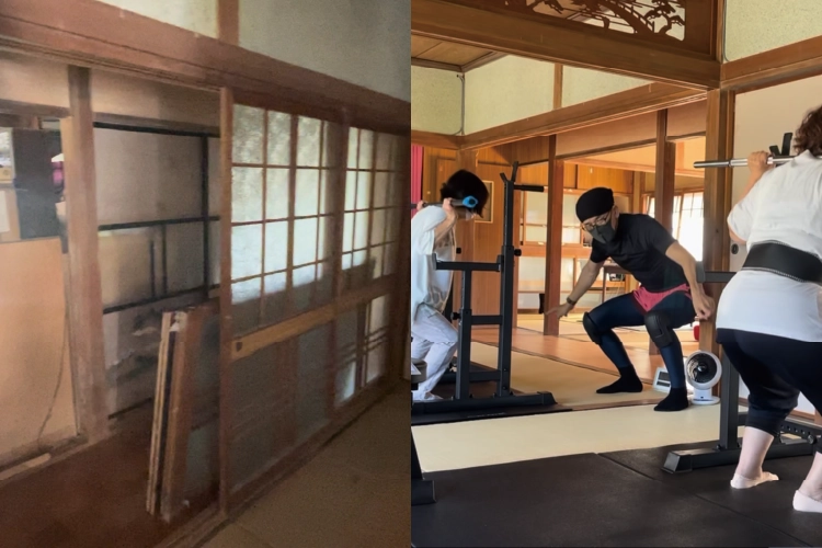 左側に荷物が散乱した古い和室、右側にその空間を改装してスクワットなどのトレーニングに励む人々の姿を並べた比較画像。空き家や空き倉庫の有効活用に向けた物件情報を募集中。